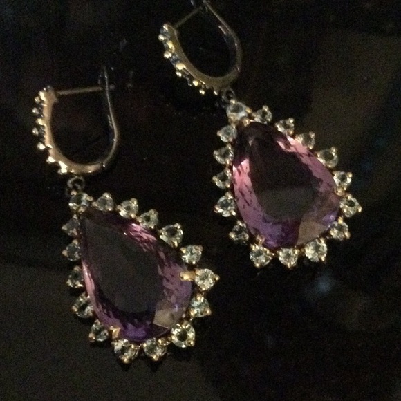 Exceptional Genuine  AAA+ Royal Purple Amethyst & Aquamarine Earrings - Picture 3 of 9
